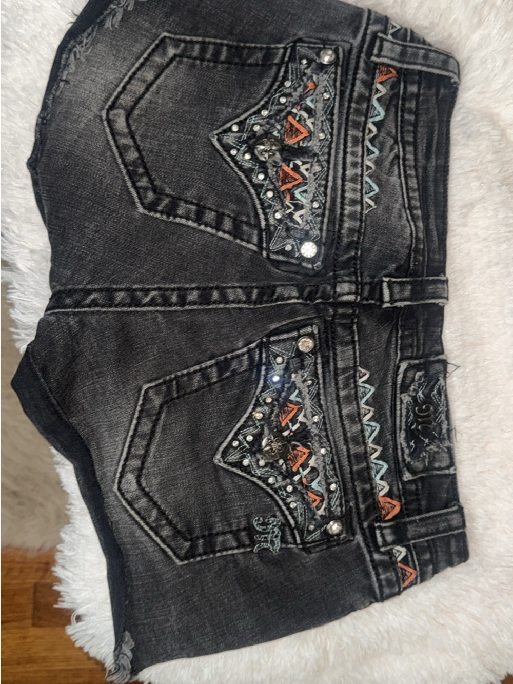Miss Me Black Denim Shorts with Aztec Embroidery & Studs
